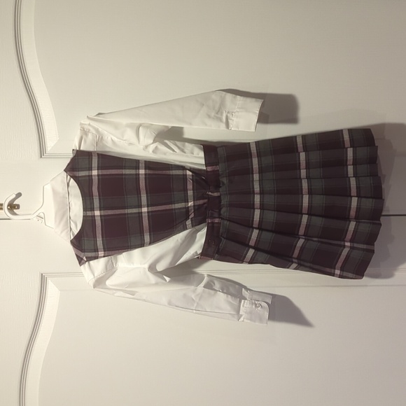 Girl's burgundy plaid French Toast jumper with white button up long sleeve shirt - Picture 2 of 6